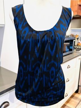VTG Y2K Antonio Melani Satin Sleeveless Blouse Womens L Blue Black Ikat Career